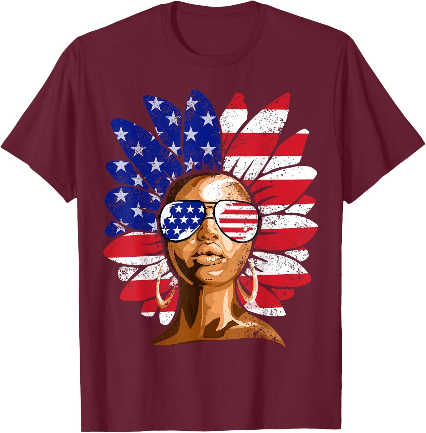 Afro Sunflower African American 4th of July Melanin T-Shirt - T-Shirt | Maroon