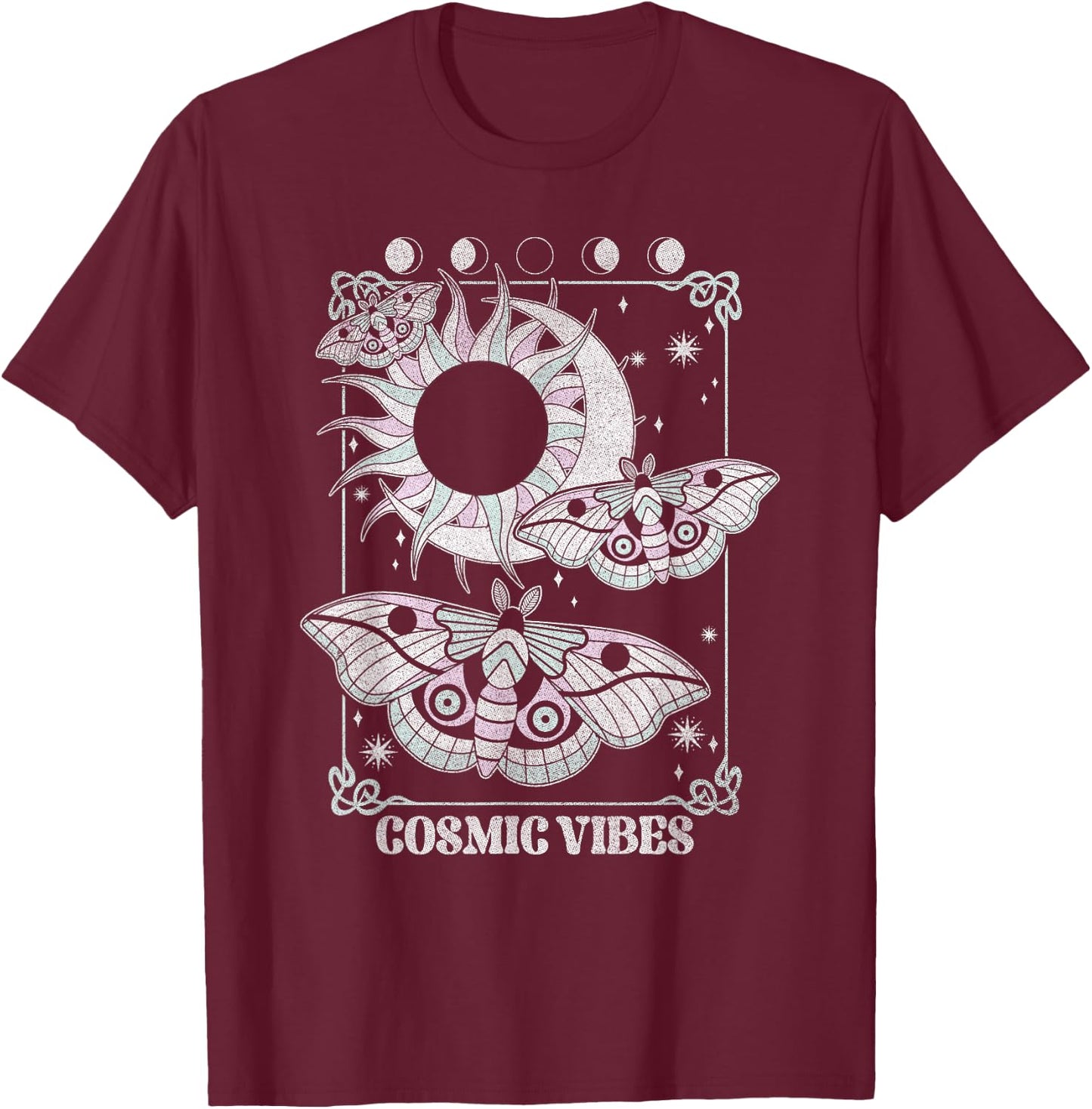 Cosmic Vibes Mystical Moths Flying Over Sun And Moon T-Shirt - T-Shirt | Maroon