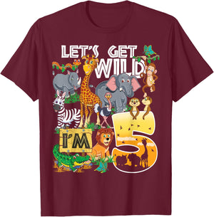 Kids Safari Zoo 5th Birthday Party Let's Get Wild I'm 5 T-Shirt - T-Shirt | Maroon
