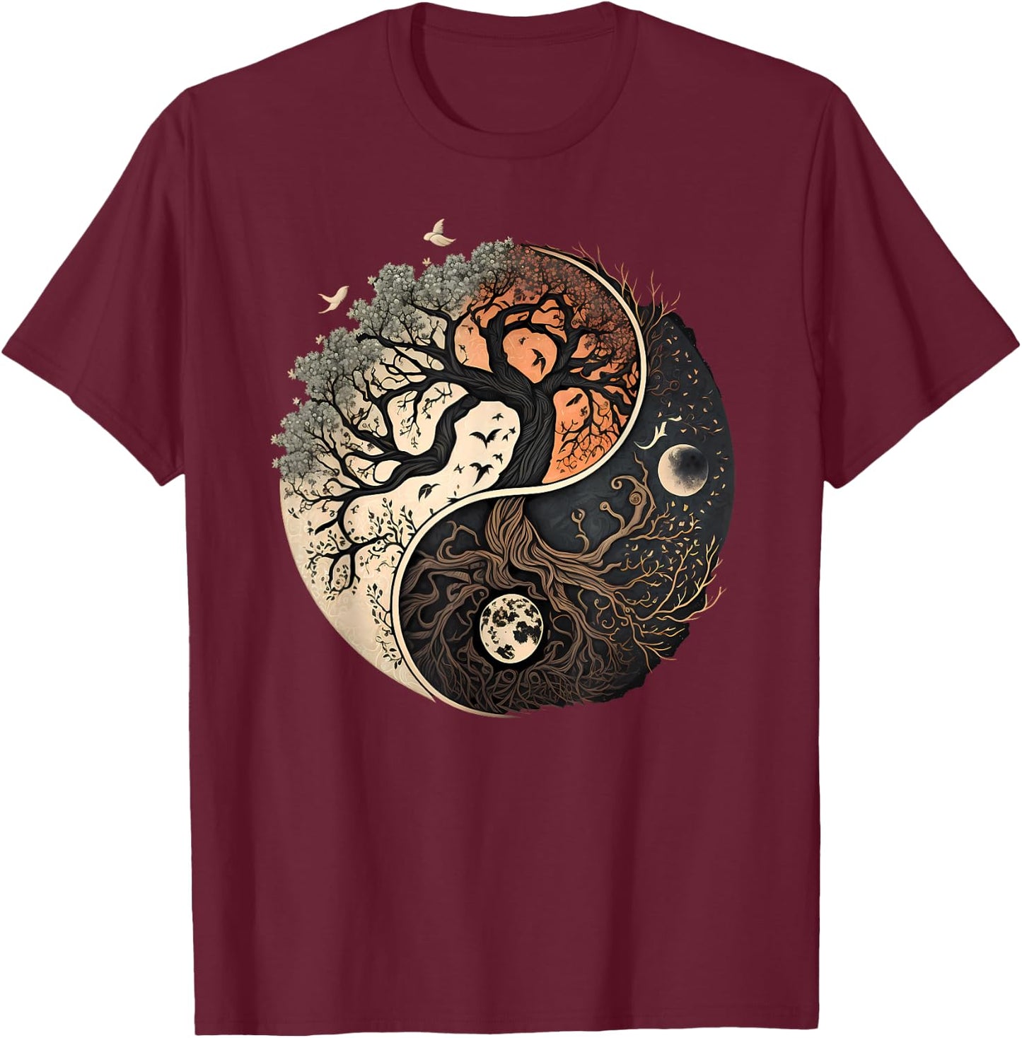 Harmonious Tree of Life Yin Yang Black - Classic Fit, Adult, Polyester/Cotton, Yoga T-Shirt - T-Shirt | Maroon