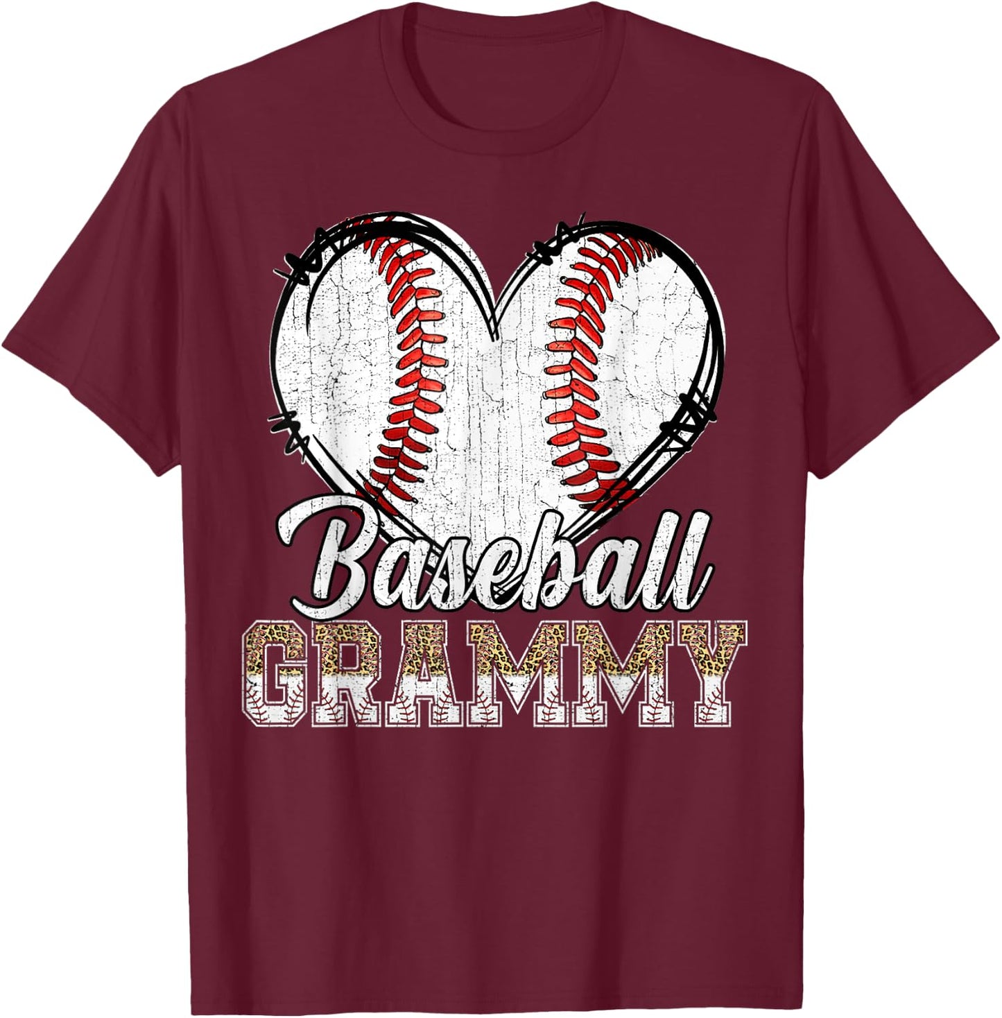 Softball Baseball Grammy Heart Leopard Print Mother's Day T-Shirt - T-Shirt | Maroon