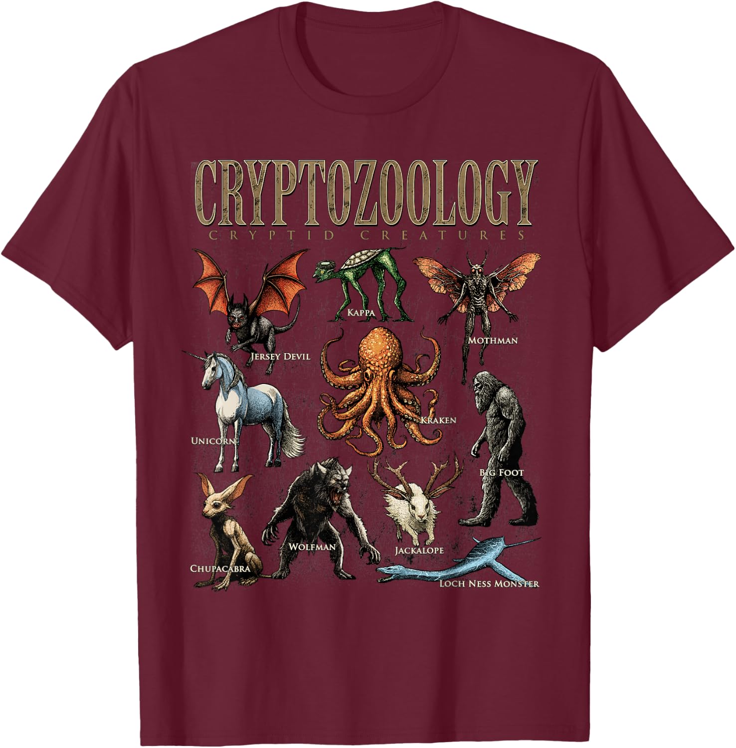 Cryptozoology Folklore Mythical Cryptid Creatures Monster T-Shirt - T-Shirt | Maroon