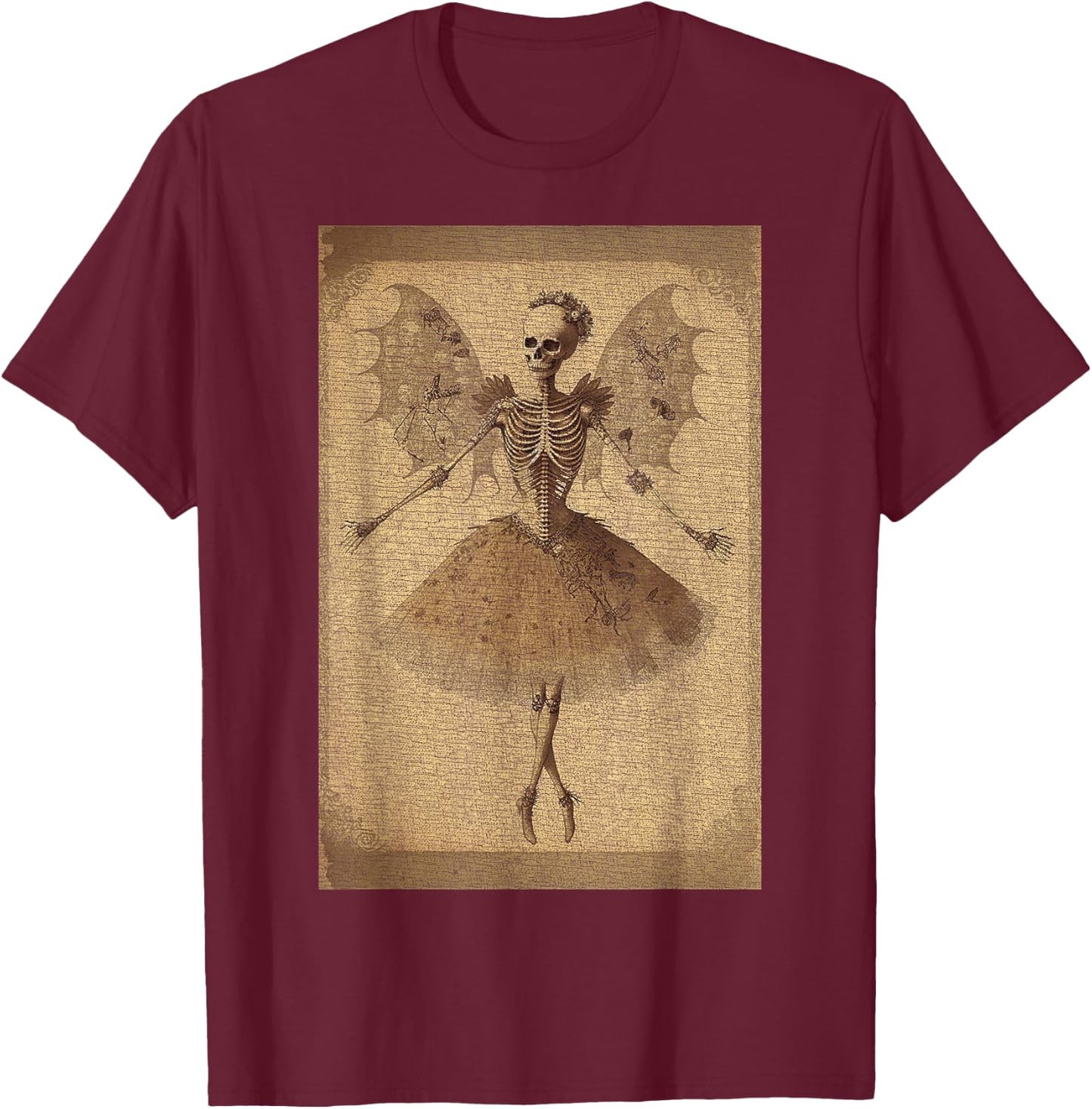 Fairy Grunge Fairycore Clothing Fairy Grunge Gothic Skeleton Butterfly Wings Gothic T-Shirt - T-Shirt | Maroon