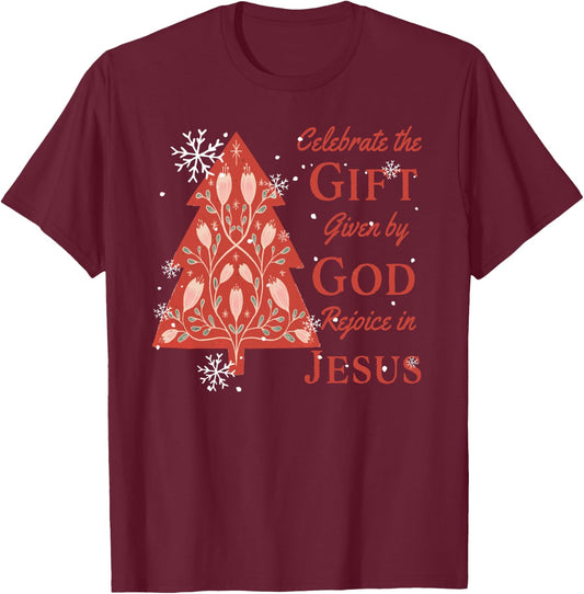 Celebrate Jesus Birth Christian Christmas Tree T-Shirt - T-Shirt | Maroon