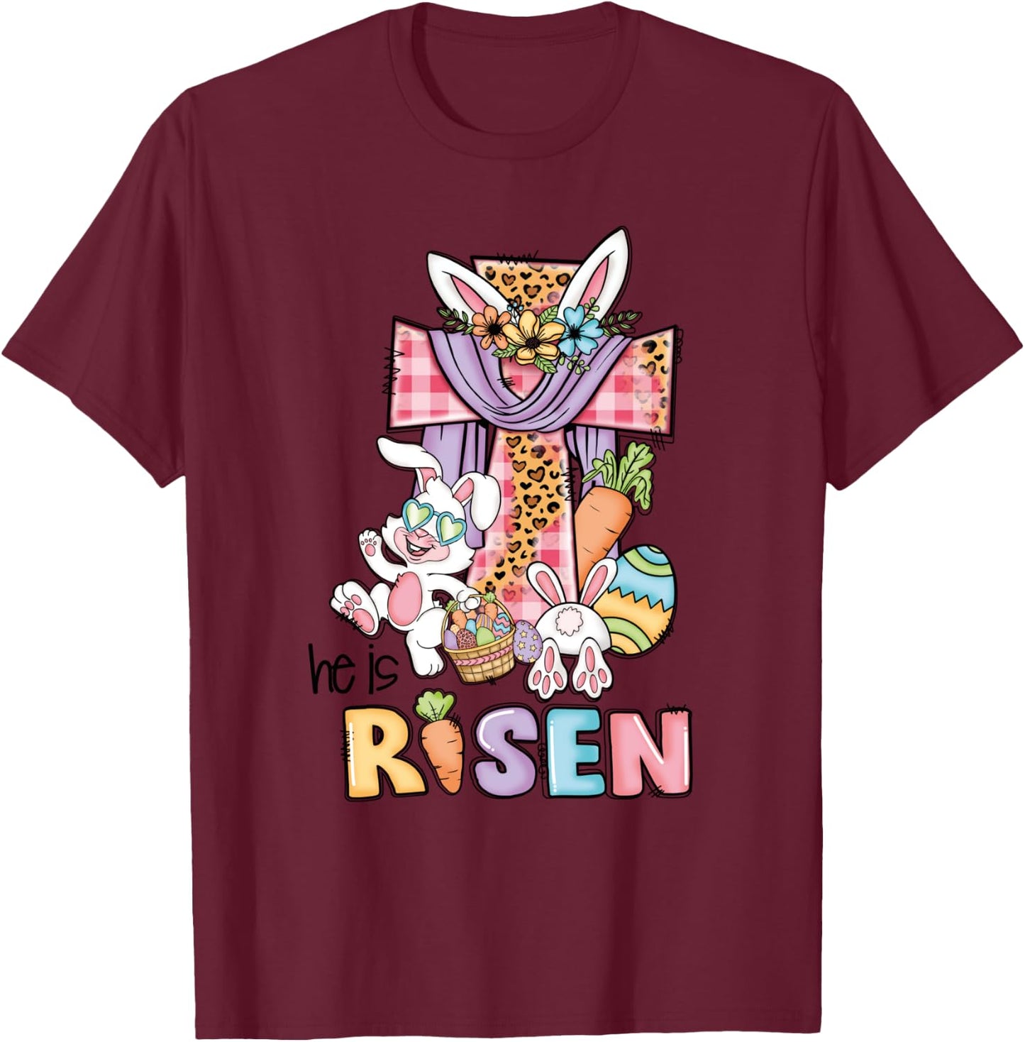 He is Risen Floral Cross Vintage Happy Easter Day T-Shirt - T-Shirt | Maroon
