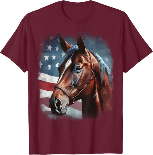 Patriotic Horse American Flag Horseback Riding Western Farm T-Shirt - T-Shirt | Maroon