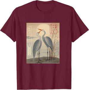 Cranes of Tradition Ukiyo-e Japanese T-Shirt - T-Shirt | Maroon