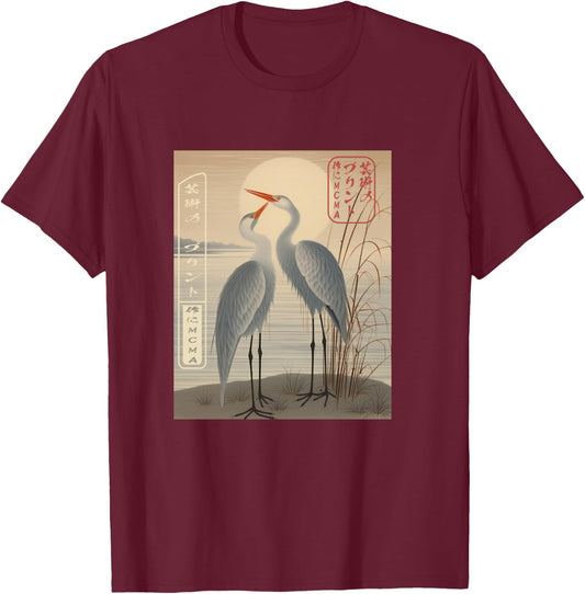 Cranes of Tradition Ukiyo-e Japanese T-Shirt - T-Shirt | Maroon