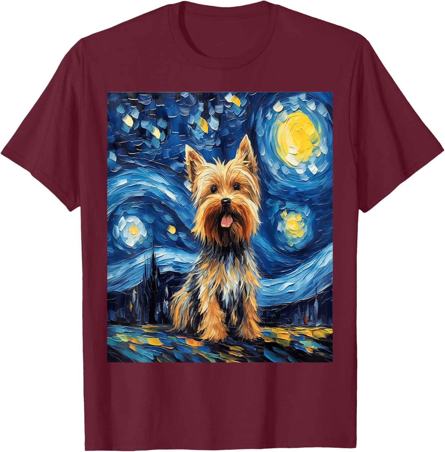 Funny dog art painting dog Lover Starry Night dog Van Gogh T-Shirt - T-Shirt | Maroon