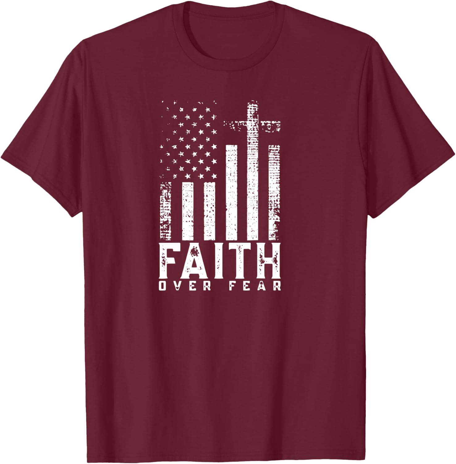 Faith Over Fears Cool Christian Cross American USA Flag Gym T-Shirt - T-Shirt | Maroon
