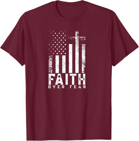 Faith Over Fears Cool Christian Cross American USA Flag Gym T-Shirt - T-Shirt | Maroon