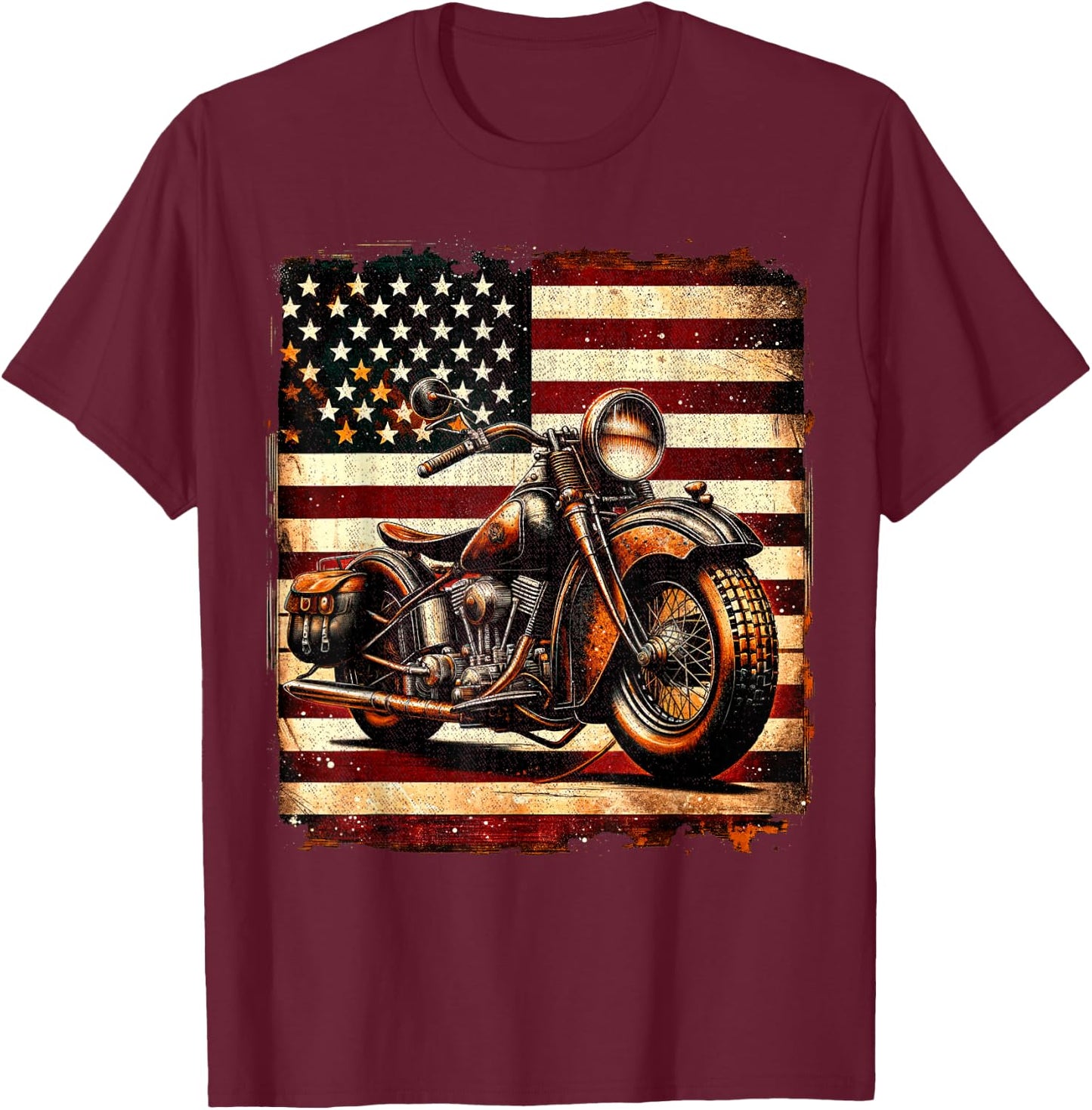 Motorcycle USA Flag Retro Biker Vintage Distressed T-Shirt - T-Shirt | Maroon