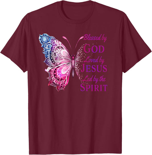 Blessed by God Loved by Jesus Pink Butterfly Christian T-Shirt - T-Shirt | Maroon