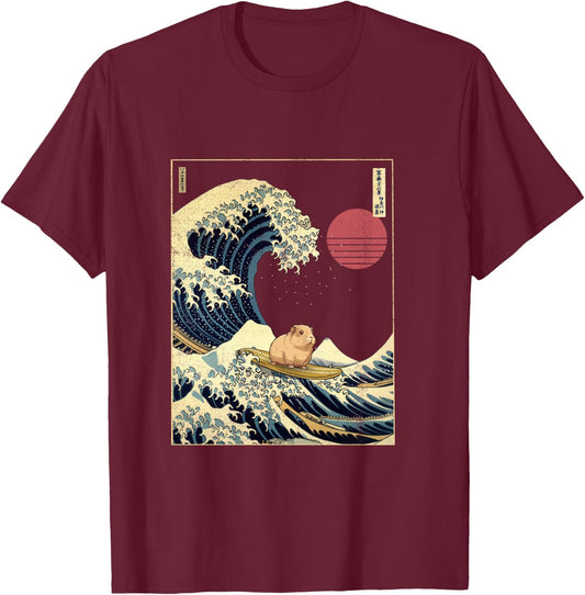 Guinea Pig Kanagawa Wave Funny Surf Animal T-Shirt - T-Shirt | Maroon