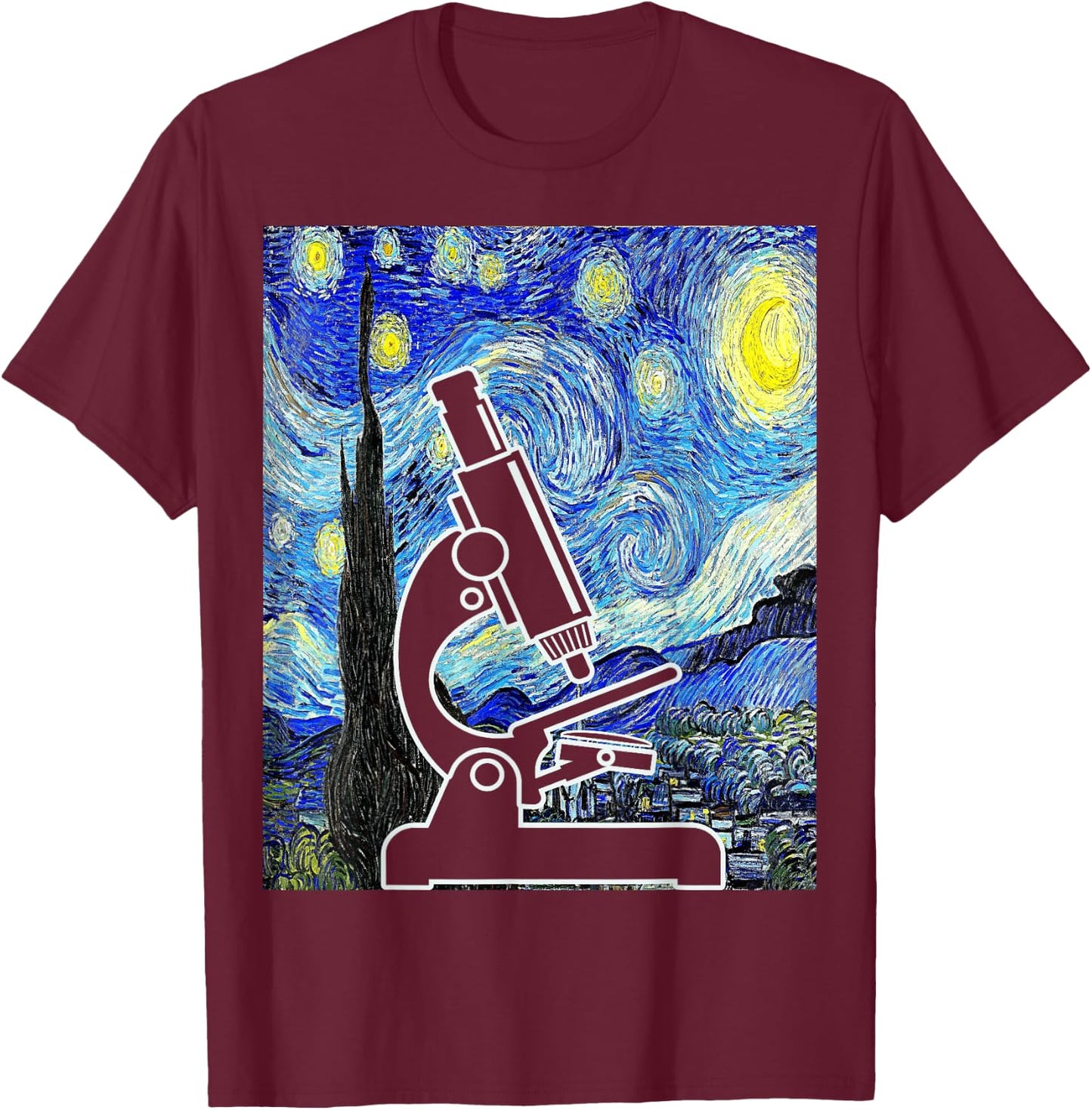 Microscope Starry Night Lab Scientist Lab Tech Biologist T-Shirt - T-Shirt | Maroon