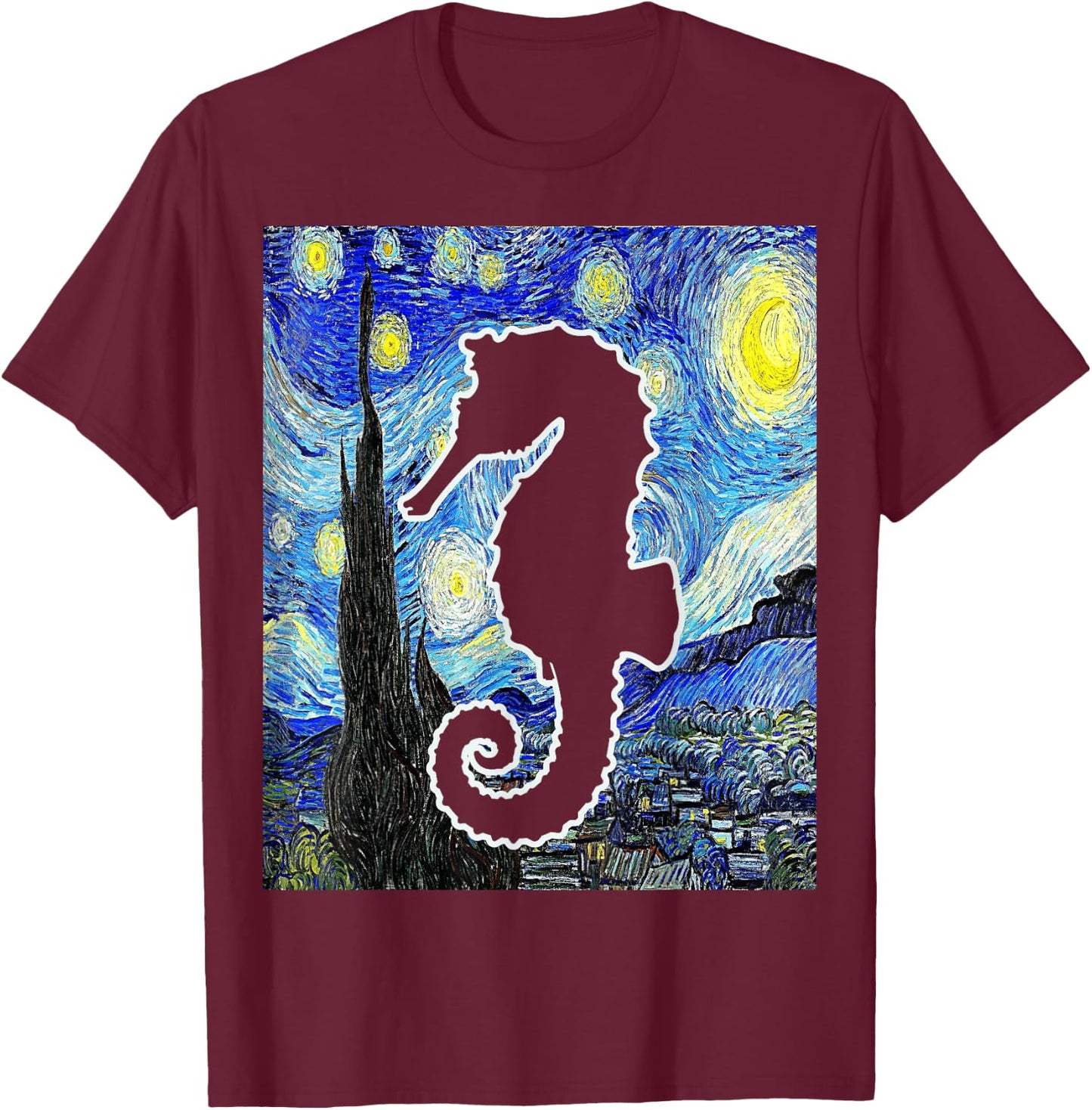 Seahorse Starry Night Seahorse Lover Aquarist Painting T-Shirt - T-Shirt | Maroon