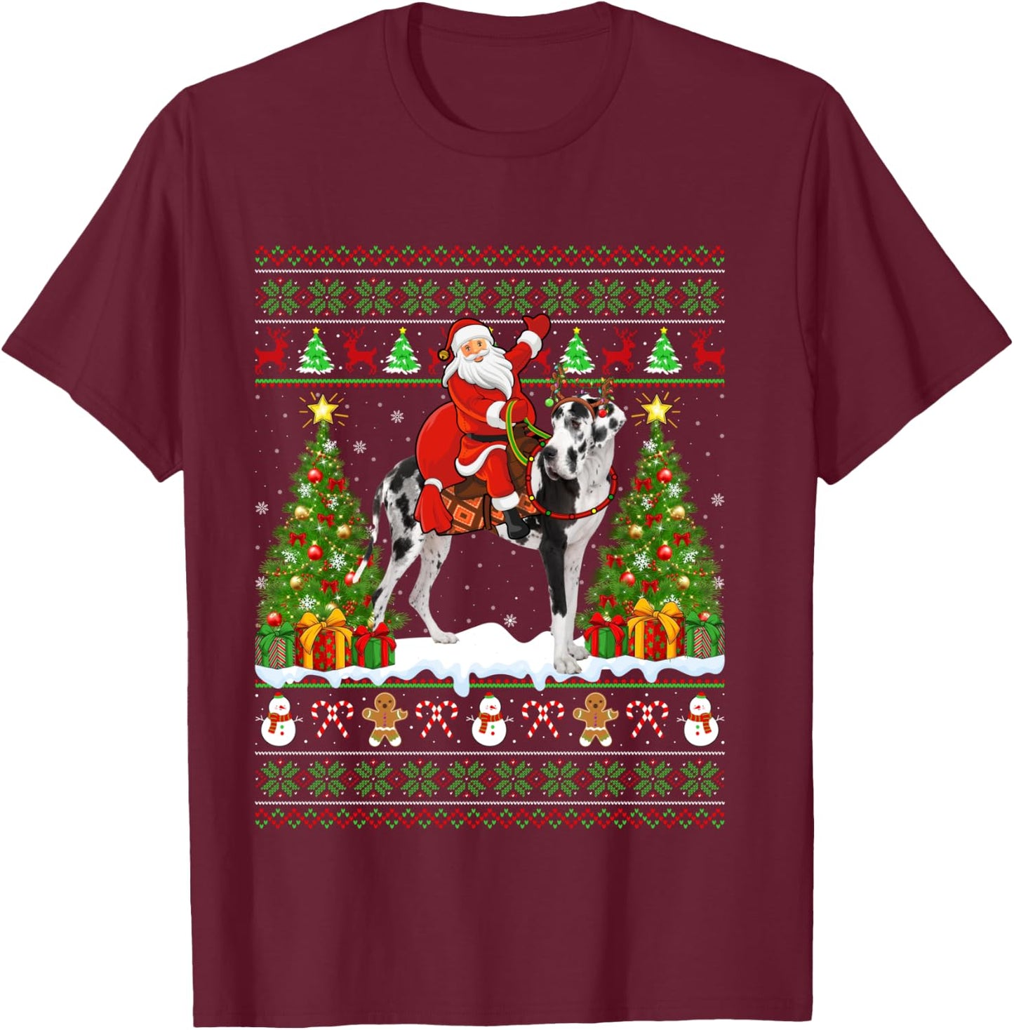 Xmas Sweater Ugly Santa Riding Great Dane Dog Christmas T-Shirt - T-Shirt | Maroon