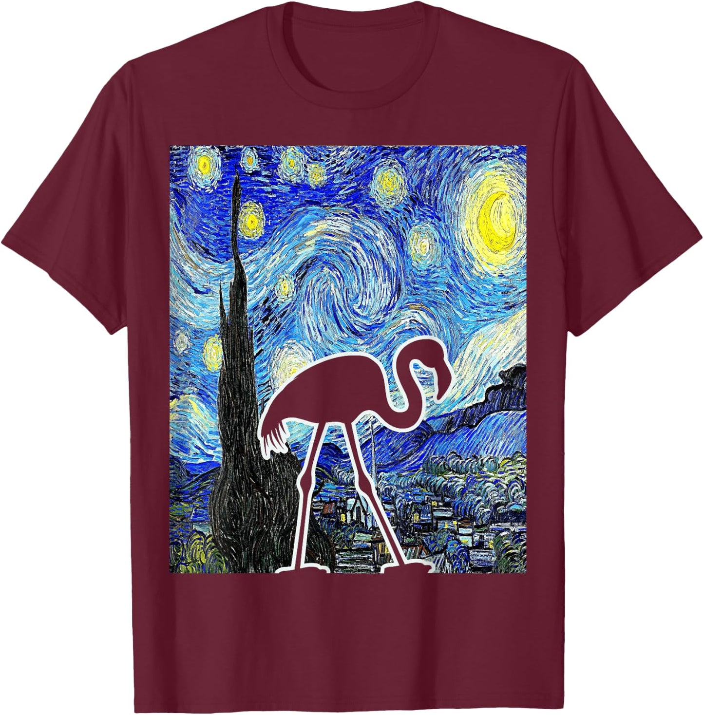 Flamingo Starry Night Flamingo Lover Van Gogh Flamingo Bird T-Shirt - T-Shirt | Maroon