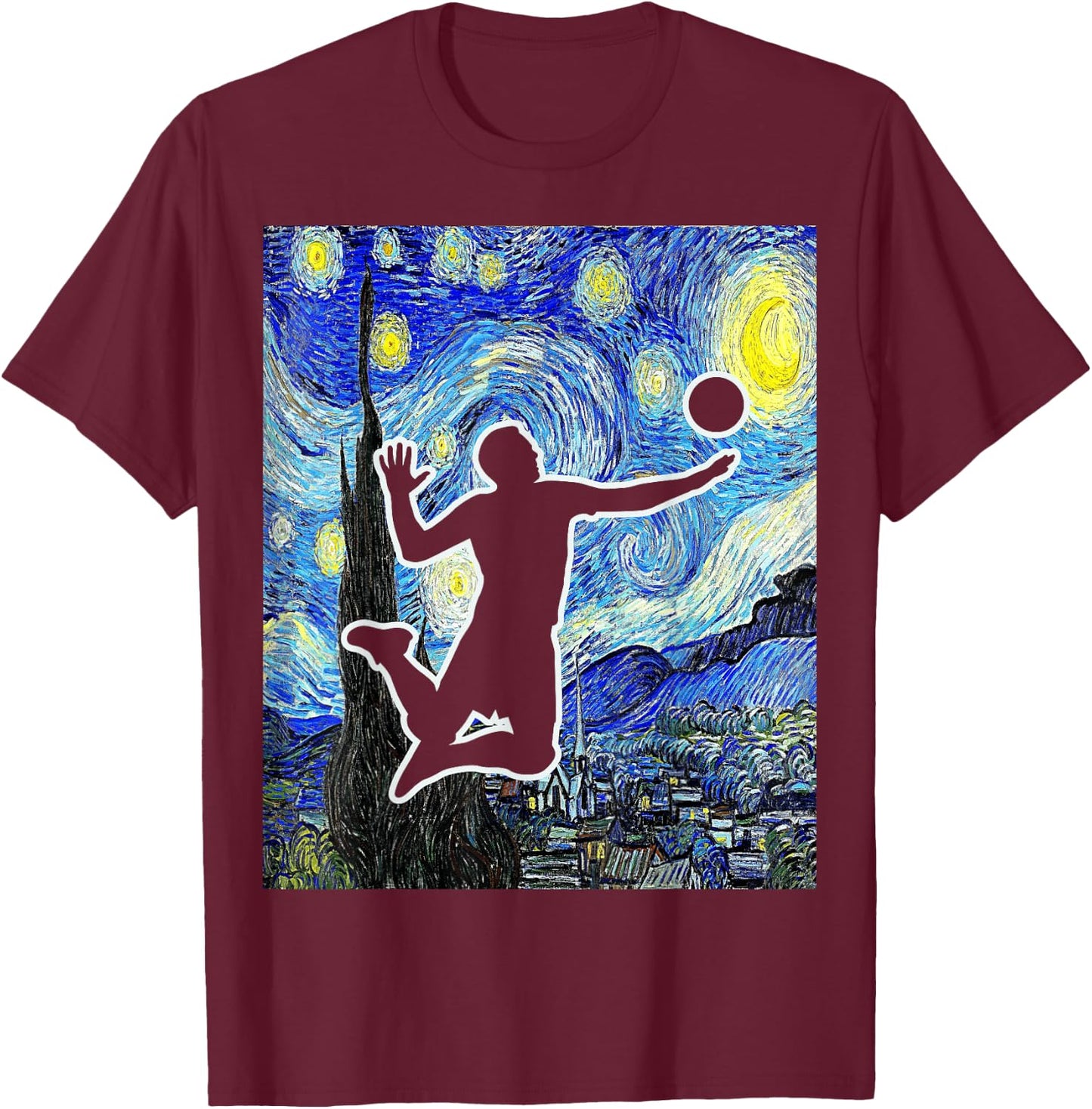Volleyball Starry Night Volleyball Player Van Gogh Painting T-Shirt - T-Shirt | Maroon