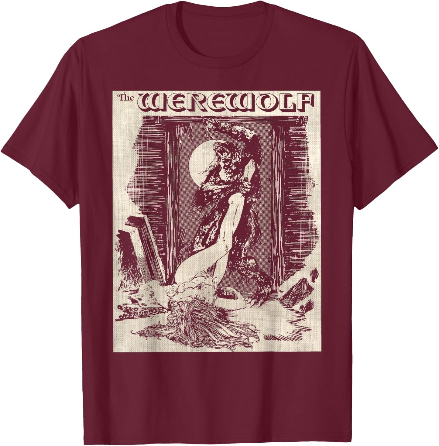 Man Wolf Werewolf Monster Horror Art Sexy Blonde Pin Up Girl T-Shirt - T-Shirt | Maroon