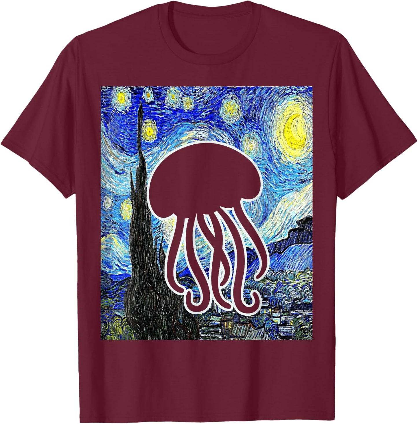 Jellyfish Starry Night Van Gogh Oceanology Jellyfish Lover T-Shirt - T-Shirt | Maroon