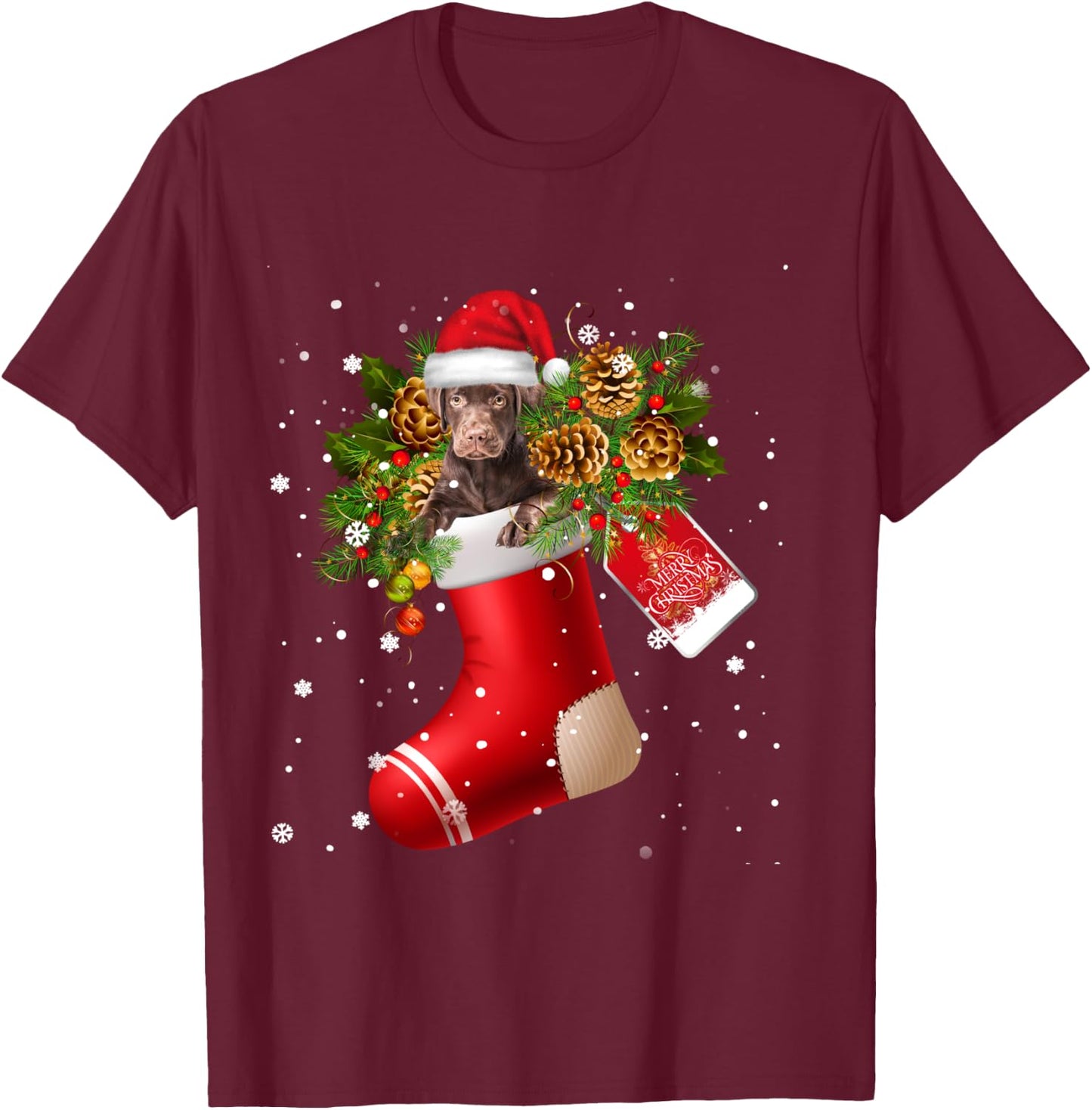 Santa Chocolate Labrador In Christmas Sock Pajama T-Shirt - T-Shirt | Maroon