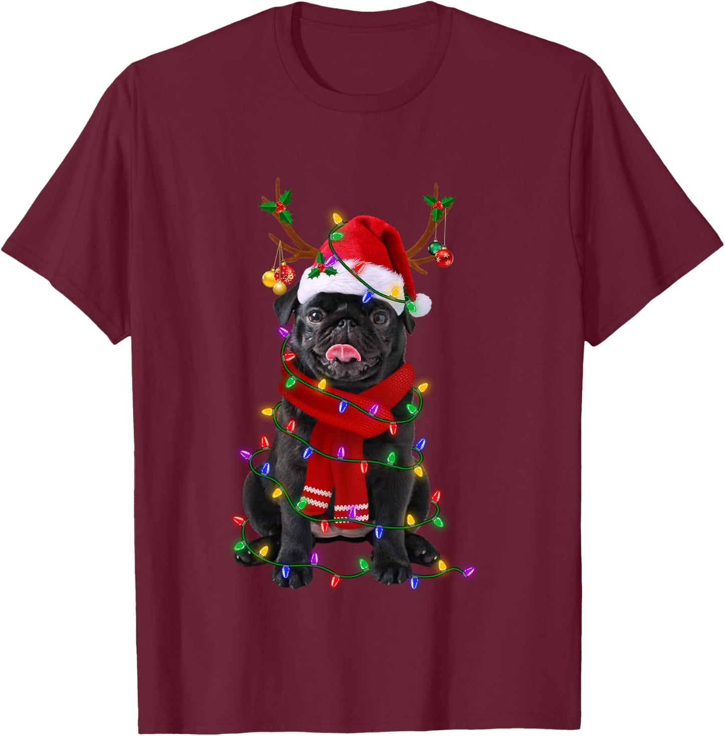 Black Pug Dog Tree Christmas Lights Xmas Pajama T-Shirt - T-Shirt | Maroon