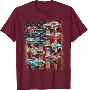 Classic Muscle Car Retro American Flag Patriotic Vintage T-Shirt - T-Shirt | Maroon