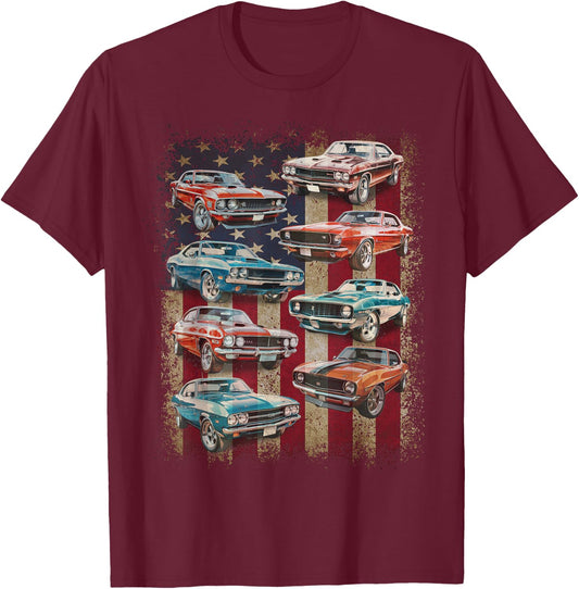 Classic Muscle Car Retro American Flag Patriotic Vintage T-Shirt - T-Shirt | Maroon