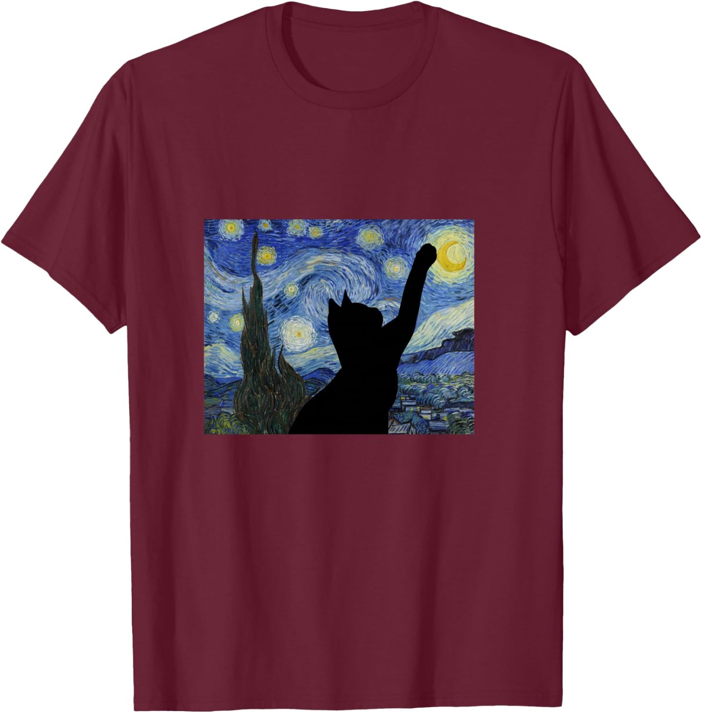 Starry Night Van Gogh Painting Funny Cat Lovers Gift T-Shirt - T-Shirt | Maroon