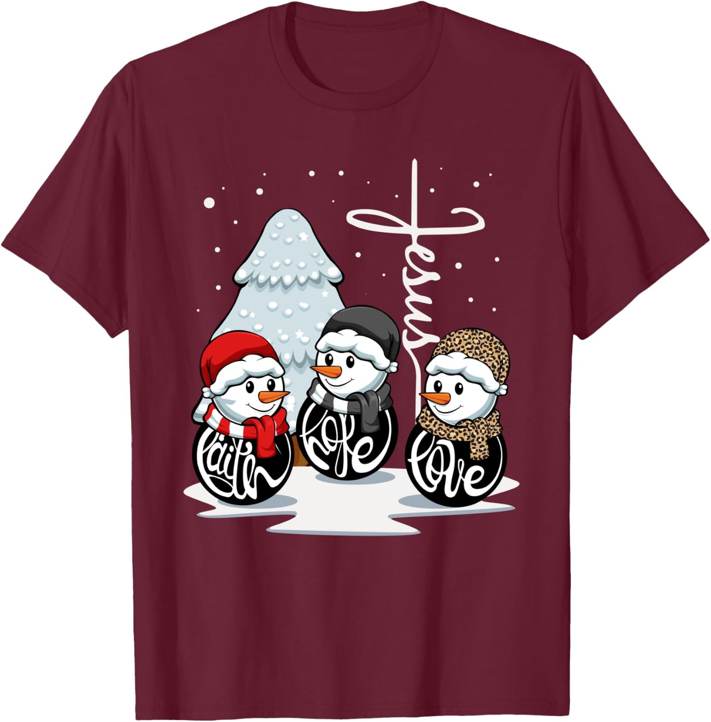Faith Hope Love Jesus Christmas Pajama Snowman Christian T-Shirt - T-Shirt | Maroon