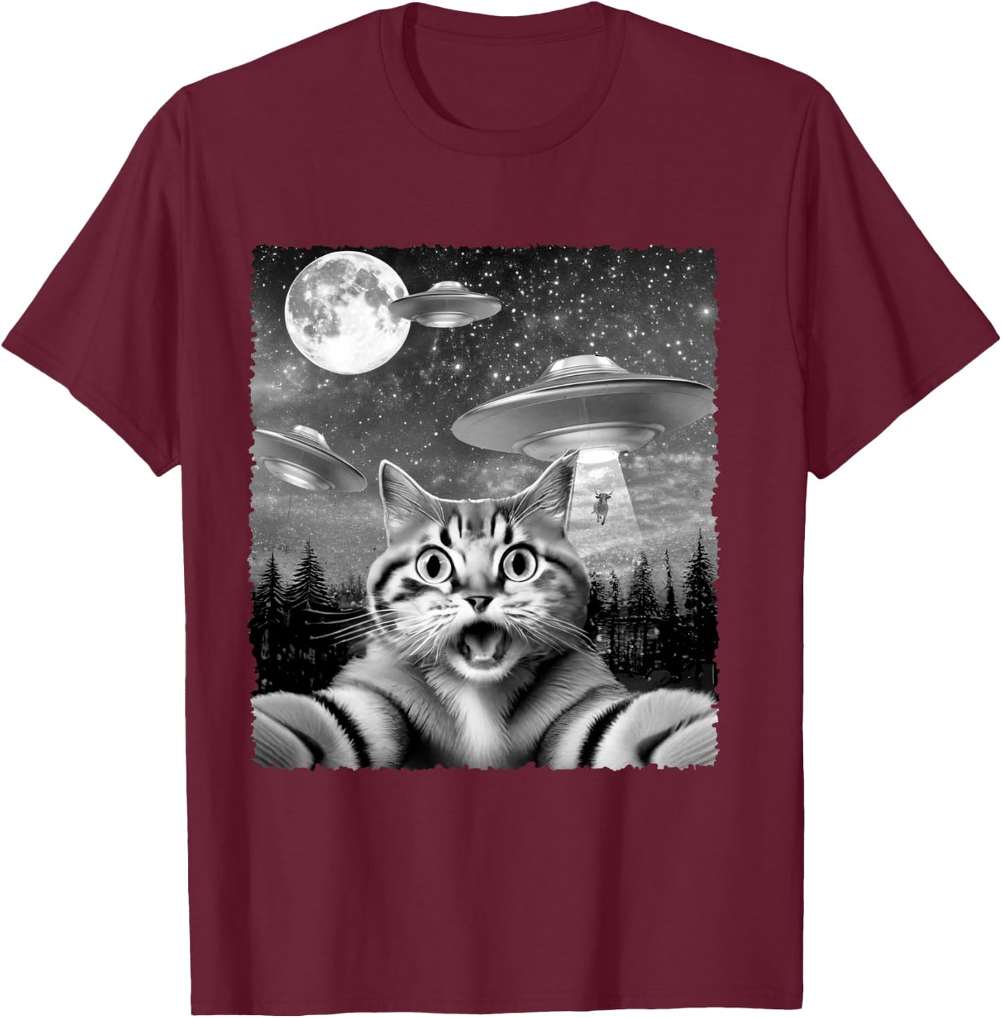 Funny Alien Cat Selfie with UFOs Gift Men Women Kids T-Shirt - T-Shirt | Maroon