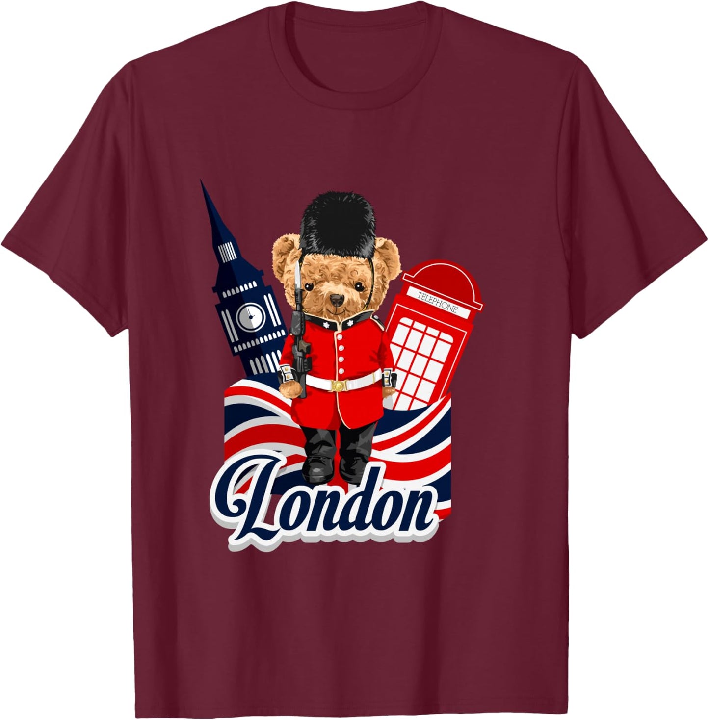 London Teddy Bear Queen Guard Illustration Graphic Anime T-Shirt - T-Shirt | Maroon
