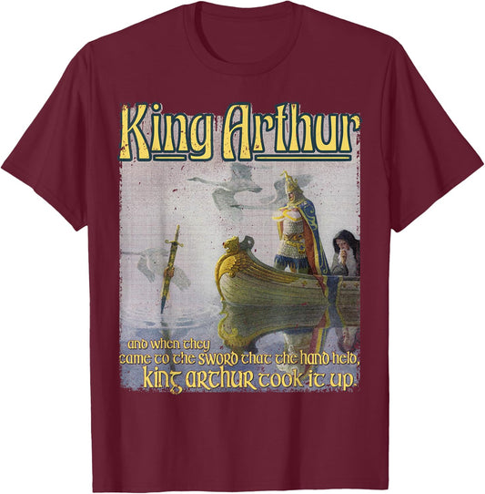King Arthur Excalibur Sword Lake Merlin Medieval Literature T-Shirt - T-Shirt | Maroon