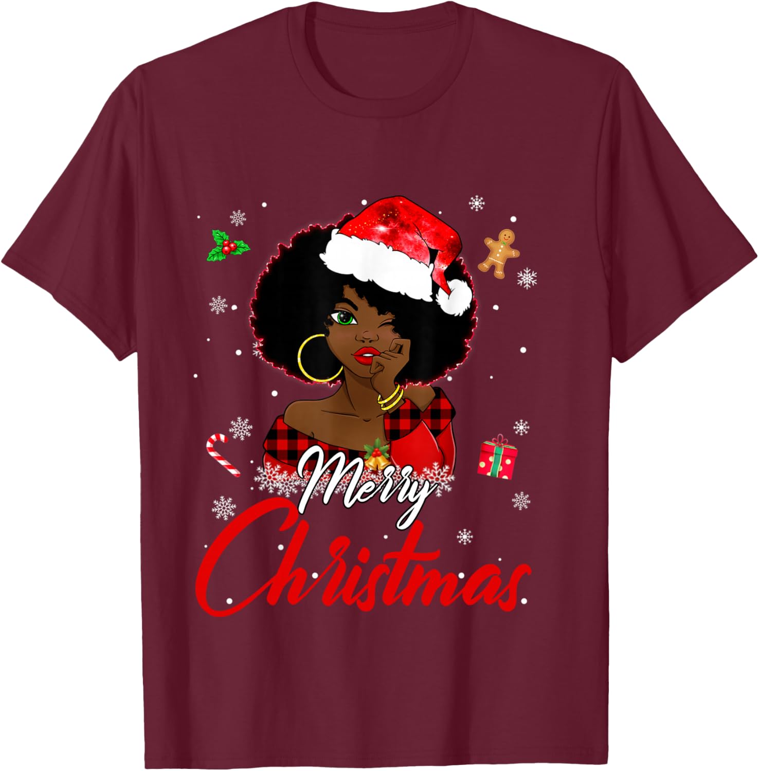Black African Girl American Melanin Christmas Santa Hat Xmas T-Shirt - T-Shirt | Maroon