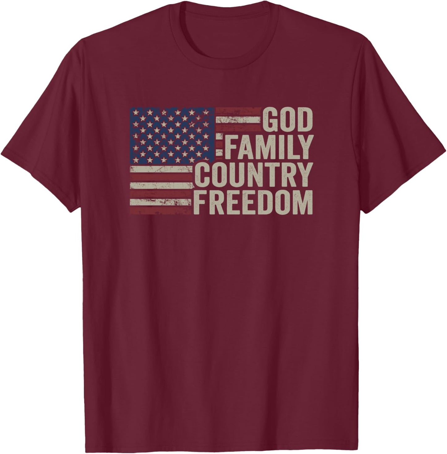 God Family Country Freedom - 4th July USA Flag Christian T-Shirt - T-Shirt | Maroon