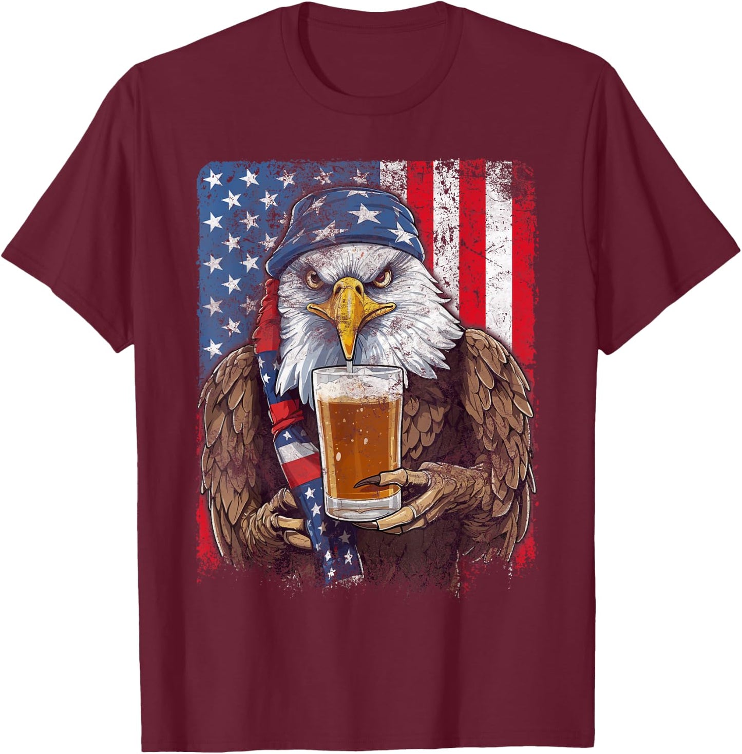 Eagle Beer Drinking USA Flag Patriotic Eagle 4th Of July Men T-Shirt - T-Shirt | Maroon