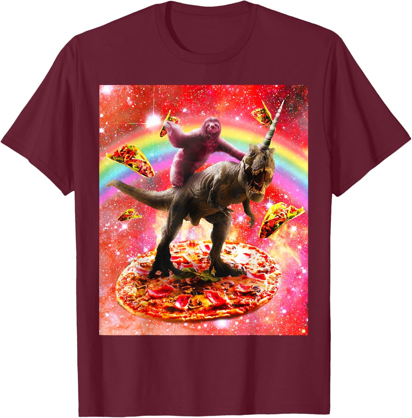 Unicorn dinosaur ride-on space sloth - Pizza e T-Shirt - T-Shirt | Maroon