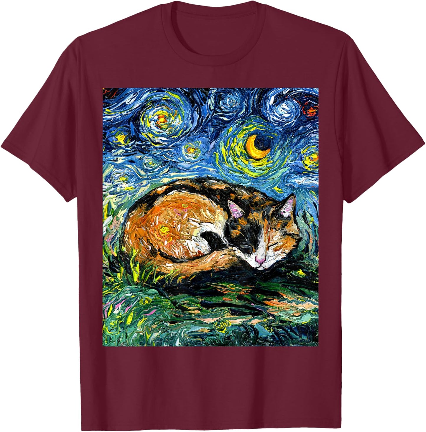 Sleeping Calico Cat Starry Night Animal Lover Pet Artwork T-Shirt - T-Shirt | Maroon