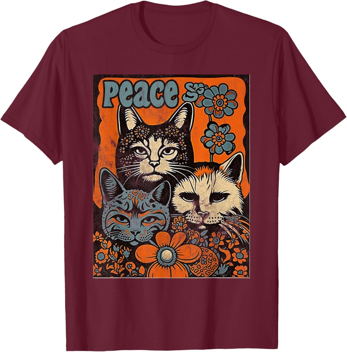 Cat Funny 60s 70s Hippie Vintage Flowers Groovy Psychedelic Men Women T-Shirt - T-Shirt | Maroon