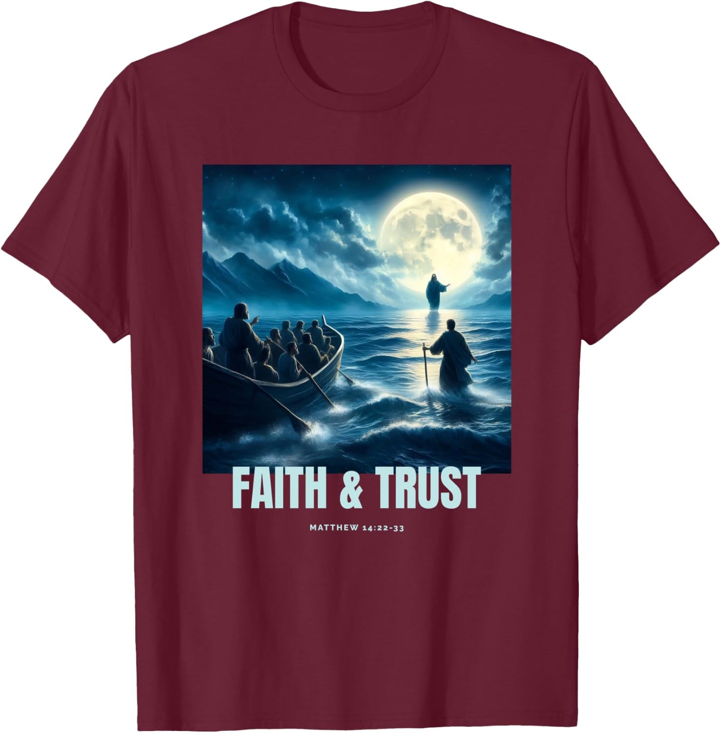 Faith Inspired Image Of Jesus Walking On Water T-Shirt - T-Shirt | Maroon