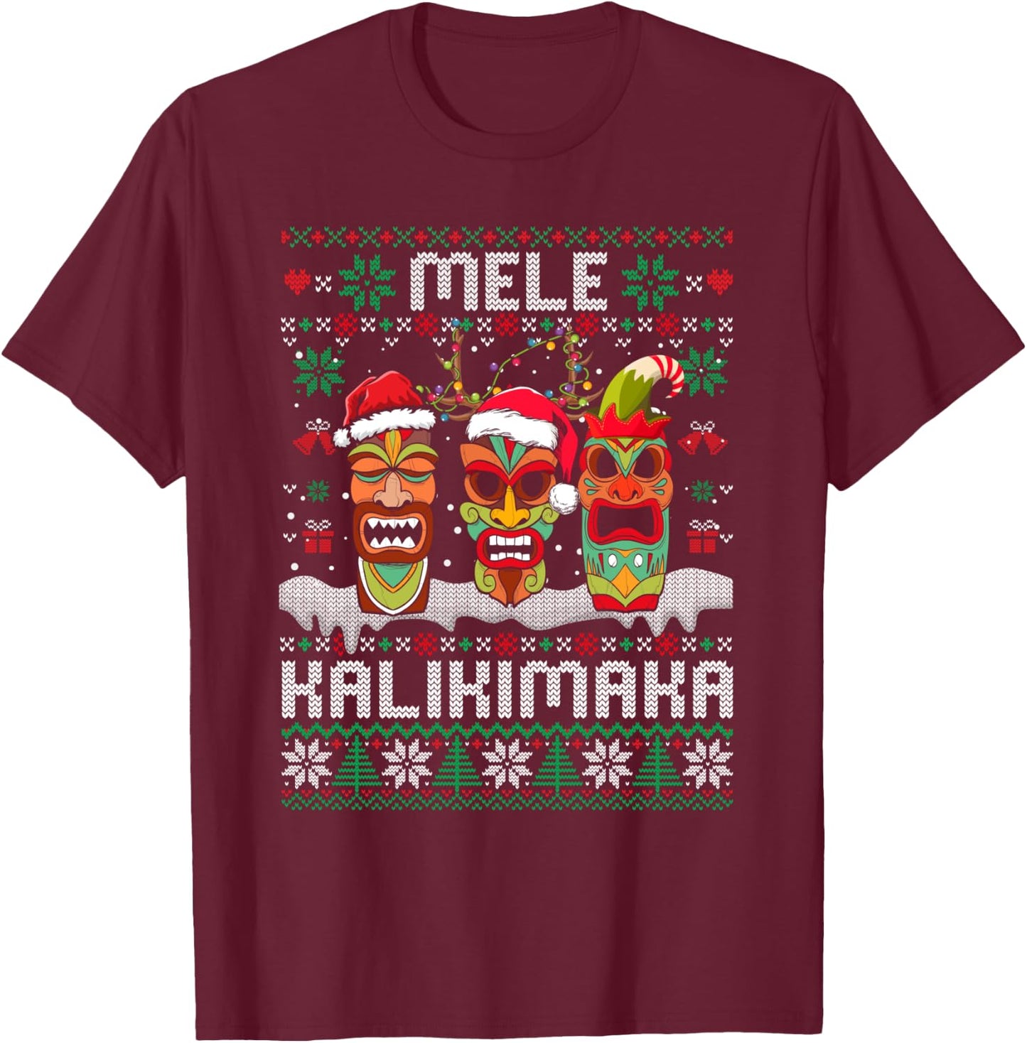 Ugly Christmas Sweater Mele Kalikimaka Hawaiian Xmas Pajamas T-Shirt - T-Shirt | Maroon