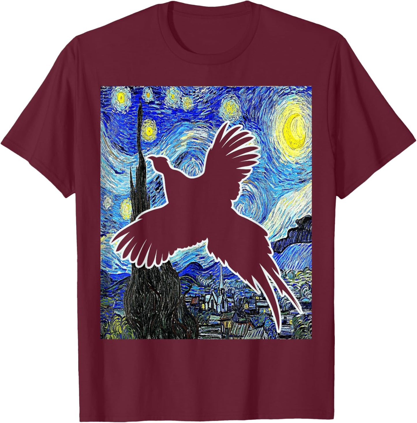 Pheasant Starry Night Pheasant Hunting Painting T-Shirt - T-Shirt | Maroon