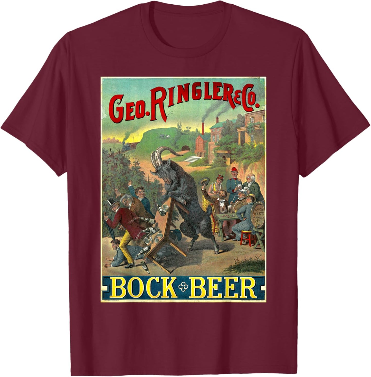 Black Goat Bock Beer Knocking Over Table of Wine T-Shirt - T-Shirt | Maroon