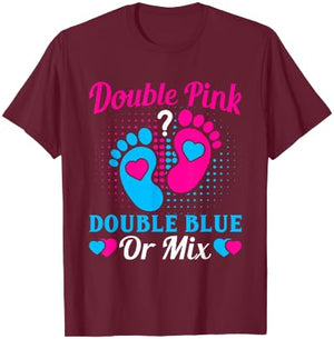 Double Pink Double Blue Mix Twin Gender Announcement Reveal T-Shirt - T-Shirt | Maroon