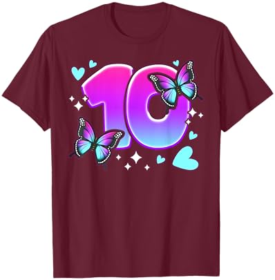 Birthday Girl 10 Years, Butterflies and Number 10 T-Shirt - T-Shirt | Maroon