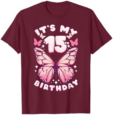 15th Birthday Girl 15 Years Old Butterflies and Number T-Shirt - T-Shirt | Maroon