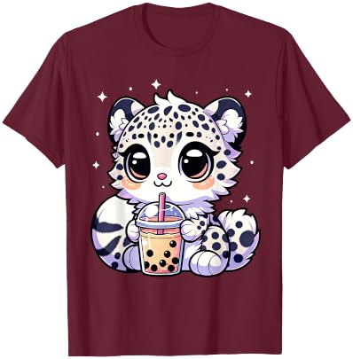 Kawaii Anime Snow Leopard Boba Bubble Tea Lover T-Shirt - T-Shirt | Maroon