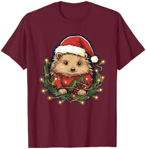 Cute Hedgehog Christmas Lights Santa Hat Xmas Pajama T-Shirt - T-Shirt | Maroon