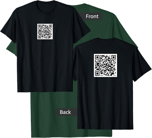 ProEvolutio -Adults Rick Roll QR Code - Black, Small - Short Sleeve, Classic Fit - Modern, Casual - Pre-printed QR Code T-Shirt - T-Shirt | Forest